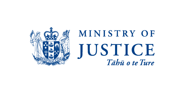 Blue text and graphic logo for the Ministry of Justice New Zealand, a Safe365 client